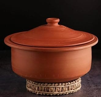 Swadeshi Blessings Exclusive Range Unglazed Clay Pot for Cooking & Serving with Lid/Earthen Kadai/Mud Handi/Mitti Ke Bartan (with Mirror Shine) + ASH for Cleaning (3.5 Liters)