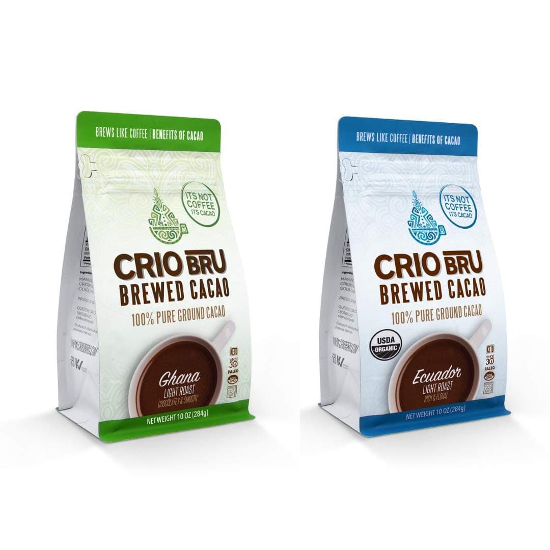 Crio Bru 2 Pack 10 oz Light Roast Bundle | Organic Healthy Brewed Cacao Drink | Great Substitute to Herbal Tea and Coffee | 99% Caffeine Free Gluten Free Keto Whole-30 Honest Energy Brew And Enjoy Hot or Iced (10oz (2 Pack))