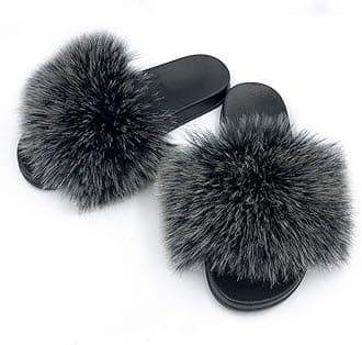 Women's Faux Fur Slides Slippers Fluffy Fuzzy Sandals Open Toe Furry Slide Flip Flop Indoor Outdoor