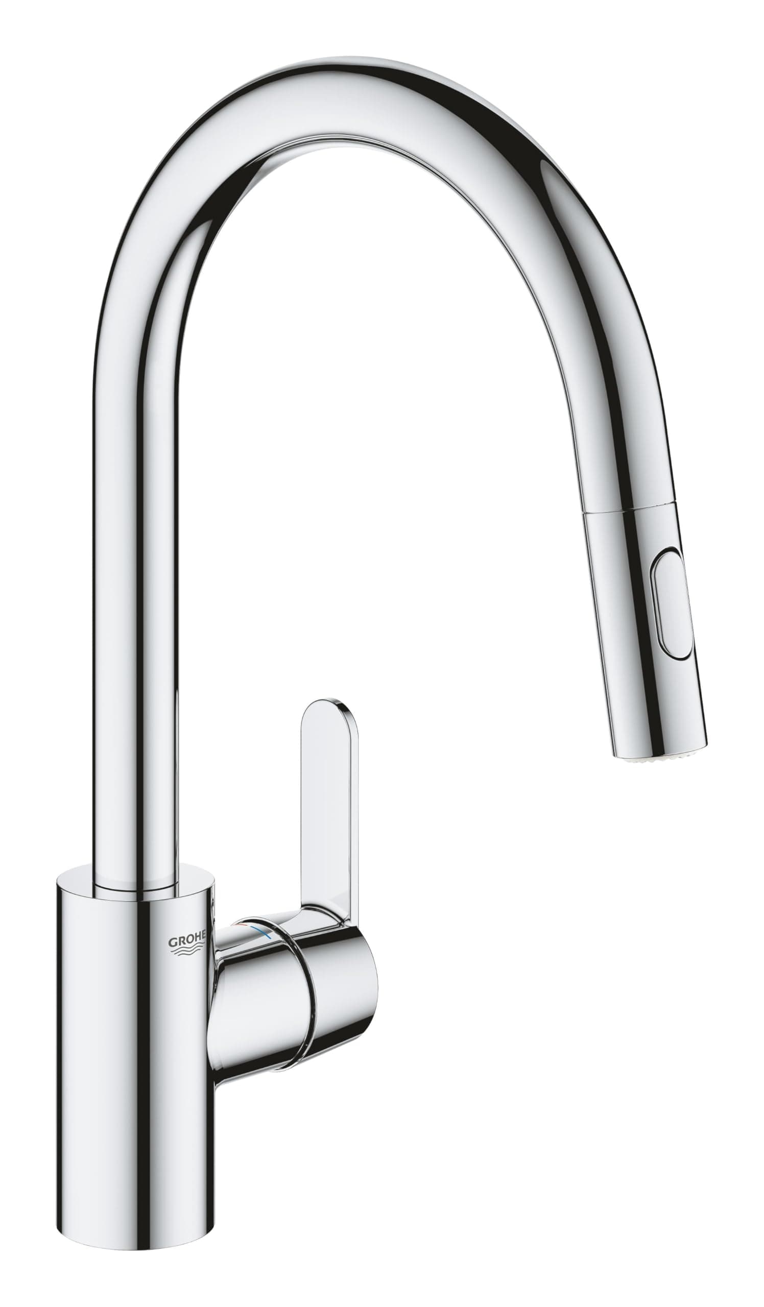 GROHE Get - Kitchen Sink Pull-Out Mixer Tap (2 Spray Options, High Spout, 360° Swivel Range, 35mm Ceramic Cartridge, Smooth Docking, Tails 3/8 Inch, QuickMount Included), Size 381mm, Chrome, 31484001