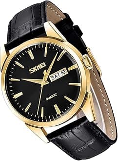 SKMEI Watch for Men Business Dress Classic Fashion Casual Black Leather Quartz Analog Waterproof Calendar Date Light Simple Wrist Watches Dad Fathers Gifts