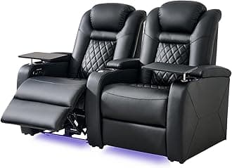 Home Theater Seating, Classic Series Leather Movie Theater Chairs, Power Headrest and Memory with C-Type USB Charger, 7-Color Ambient Lighting and Tray Table, Black Power Adjustable Recliner(Row of 2)
