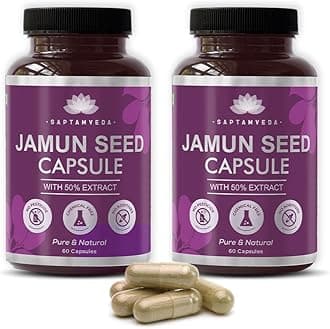 Saptamveda Natural Jamun Seed Powder Capsules with 50% Extract Pack 2, 500 mg (120 Capsules) | Good for Heart & Liver, Promotes Healthy Digestion, Lower Blood Sugar