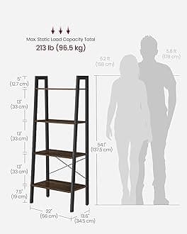 VASAGLE Ladder Shelf, 4-Tier Bookshelf, Storage Rack, Bookcase with Steel Frame, for Living Room, Home Office, Kitchen, Bedroom, Industrial Style, Rustic Dark Brown and Black ULLS44BF