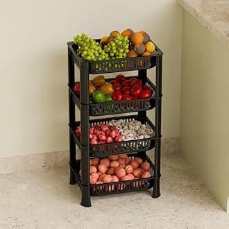 4-Layer Multipurpose Plastic Kitchen Storage Rack | Vegetable Basket Organizer | Stackable Storage Stand for Home, Pantry, Bathroom, Office – Durable Space-Saving Shelf (Black)