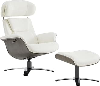 Genuine Leather Reclining Swivel Chair with Adjustable Headrest and Ottoman for Living Room, White