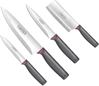 Godrej Locks Stainless Steel Soft Grip Kitchen Knife Set of 4|Essential Cleaver + Carving + Kitchen + Salad Knives|for Chopping,Meat,Fish|SS 420J2 Sharp|1 Year Warranty,Grey & Purple