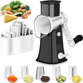 Rotary Cheese Grater Shredder 5-in-1 Tumbling Box Mandoline Vegetable Julienne Slicer Waffle Cutter Nut Chopper, Black