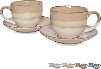 Bosmarlin Ceramic Cappuccino Cup and Saucer Set of 2, 10 Oz, Coffee Cups for Latte, Espresso, Tea, Dishwasher and Microwave Safe (Brown Grey)