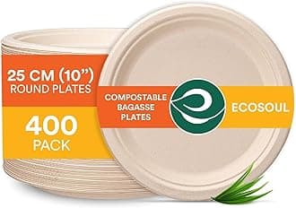 ECO SOULCompostable Paper Plates (25Cm) 10 Inch [400-Pack] Heavy Duty Disposable Sugarcane Bagasse Dinner Plates | Eco Friendly Biodegradable Microwave Safe Party Plates