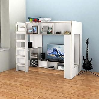 Kinder 90X190 Loft Bunk Bed With Study Desk & Storage | Sturdy Modern Design Wooden Single Bed Frame Furniture | Made In Malaysia L195.4xW113xH170cm - White & Sonoma Oak