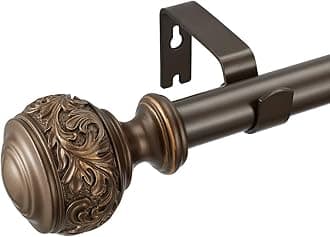 Iron Curtain Rods, 36-72'' Decorative Window Curtain Rod 1-Inch Diameter with Modern Design Floral Carved Ball Finials, Drapery Curtain Pole Extends from 36 to 72 Inches,Floral Antique Bronze