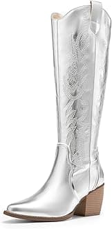 DREAM PAIRSWomens Cowboy Boots Wide Calf Comfortable Pull On Zipper Chunky Heel Pointed Toe Embroidered Western Cowgirl Knee High Boots Ladies Retro Tall Boot