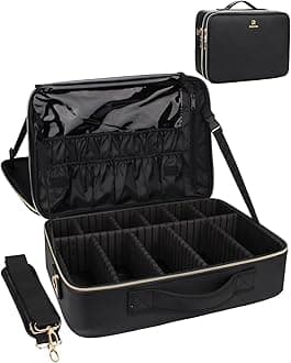 MONSTINA Large Capacity Makeup Case 3 Layers Cosmetic Organizer Brush Bag Makeup Train Case Makeup Artist Box for Hair Curler Hair Straightener Brush Set and Cosmetics, A PU Black, L, Large Travel