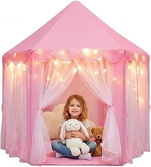 Orian Princess Tent for Kids, Toddler & Kids Pink Play Tent Indoor & Outdoor Princess Castle Fort for Girls and Toddlers Ages 2-7, 55”x53”, LED Star Lights, Children’s Toys and Gifts for Girls