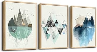 Natural Wood Framed Abstract Geometry Wall Art - Large Size, 3 Piece Framed Art Prints for Living Room, Bedroom, Office Decor