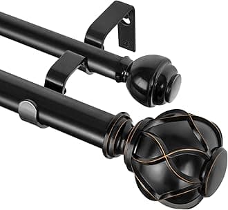 KAMANINA Double Curtain Rod with Net Texture End 140-195", Black-New