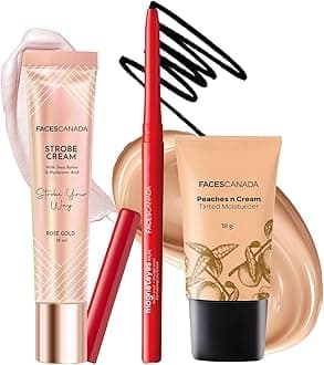 FACES CANADA Eyes & Shine Combo - Strobe Cream - Rose Gold (18 ml) + Magneteyes Kajal - Black (0.35 gm) + Tinted Moisturizer - Light 01 (18 gm) | Illuminating & Glowing Makeup Base | Lightly Tinted BB Cream | Waterproof & Smudgeproof