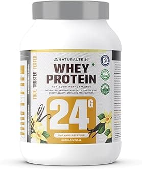 NATURALTEIN Natural Whey Protein – 24g Protein per Serving | Max Vanilla Flavour | Stevia Sweetened | No Added Sugar | Non-GMO | Soy-Free & Gluten-Free | Super Mixability | 1 kg