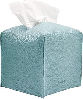 Tissue Box Cover Holder, Square with Bottom Belt by Carrot's Den - PU Leather Decorative Organizer for Tabletop, Bathroom, Car, Office (Light Blue)