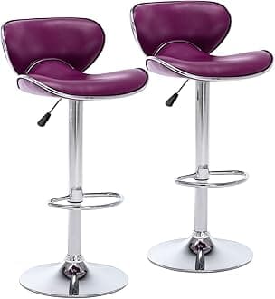 Vogue Furniture Direct PU Leather Adjustable Bar Stools, Modern Swivel Airlift Barstools with Back, Armless Counter Height Chairs for Kitchen Dining Pub Cafe Set of 2 (Purple)