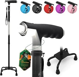 Quad Cane Walking Cane with Two Led Lights with Big Base T Handle＆Lightweight Adjustable Walking Stick Four Pronged Sturdy for Men and Women