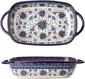 Blue and Orange Flower Vintage Style Ceramic Bakeware Casserole Dish Baking Pan Lasagna Pans Baking Dish with Handles for Oven/Cooking/Kitchen-1 PCS-24 OZ