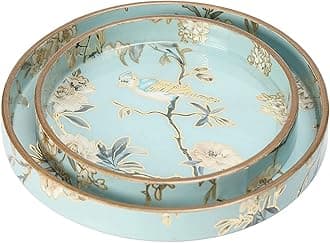 DULI Set of 2 MDF Wood Trays Enamel Coated| Round Trays Set of 2 | Serving Trays | Wooden Tray | Kitchen&Dining Decorative | Resin Tray | Handmade | 7x7 & 9x9 inches (Setof2Round- AquaGoldBirds)