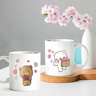 FUNKYFINDS Special Milk and Mocha Bear Unique Printed Couple Mugs Coffee Cups with Handle, Anniversary Gift for Him and Her, Unique Wedding or Valentine’s Day Present 330 ML (Set of 2)