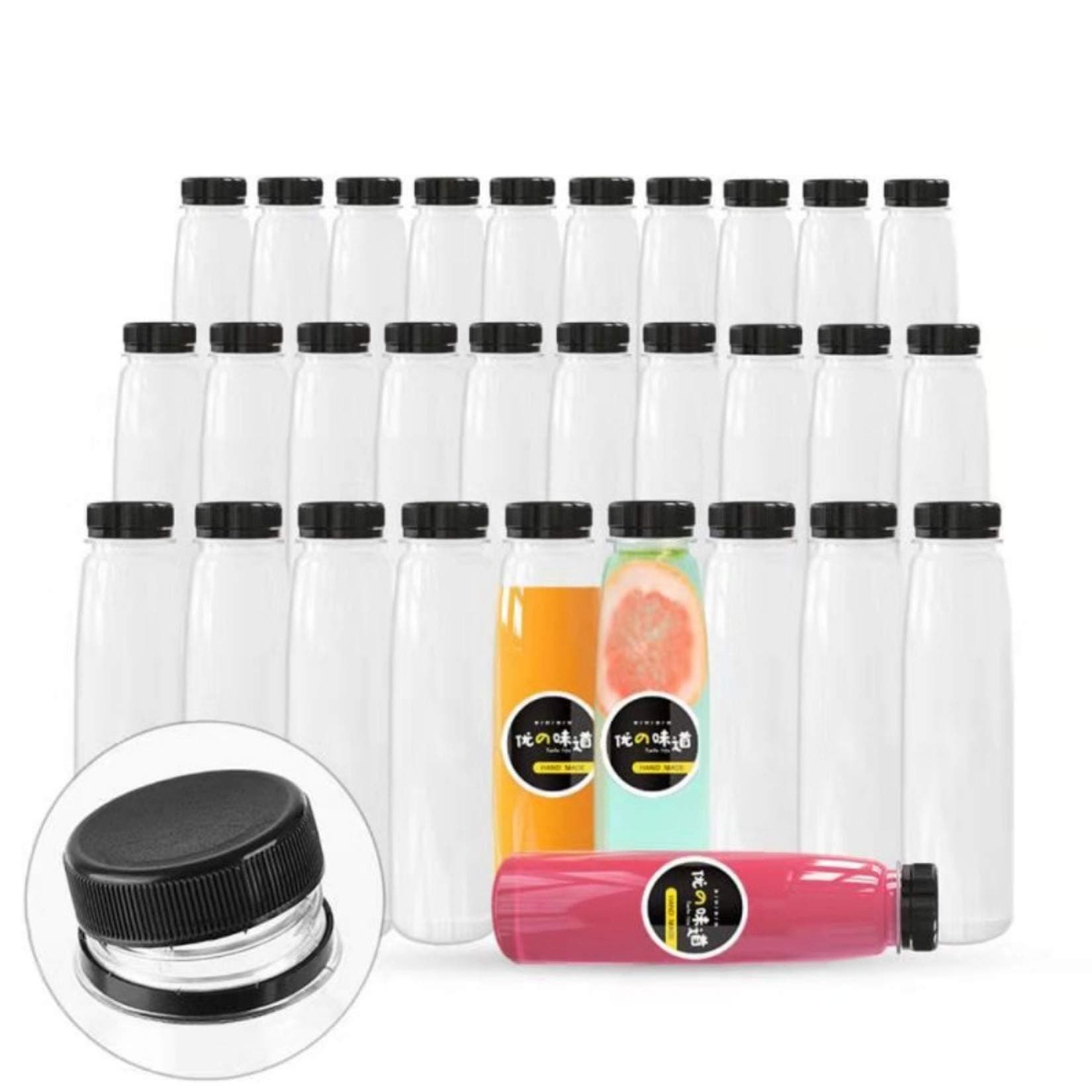 Holotap 36Pcs 12oz Plastic Juice Bottles with Caps, Empty PET Clear Disposable Plastic Bottles Bulk with Black Tamper Evident Lids (12 OZ, Black)