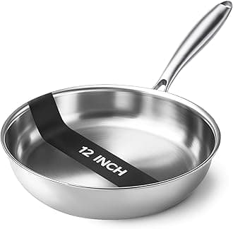 Kirecoo Tri-Ply Stainless Steel Pan - 12 Inch Frying Pan, Fast and Even Heat Stainless Steel Skillet, Induction Cookware, Dishwasher and Oven Safe Skillet