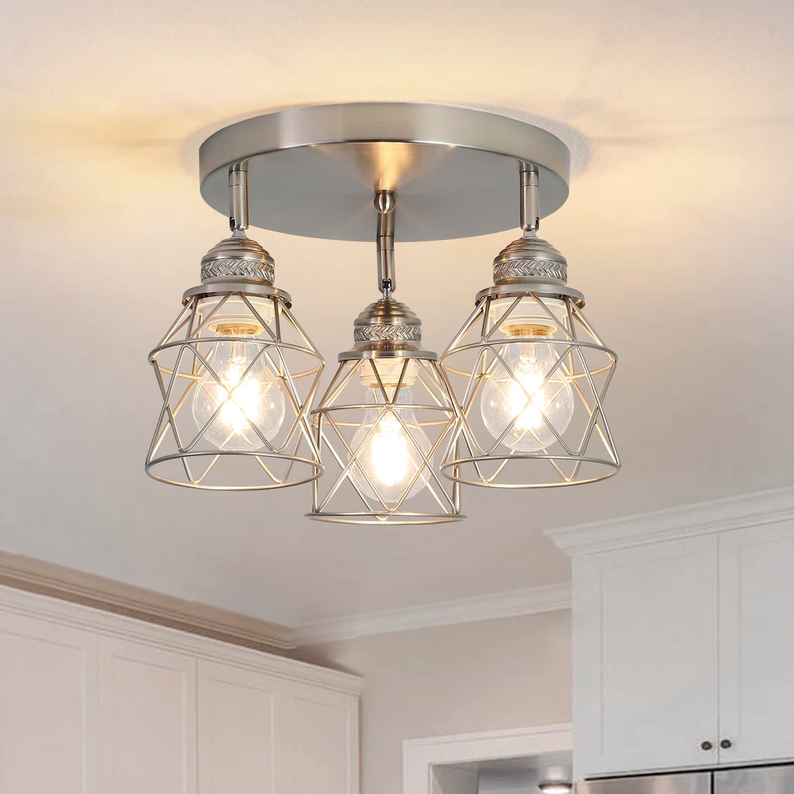 Kitchen Light Fixtures - 3-Lights Multi-Directional Ceiling Lamp with E26 Base, Adjustable Flush Mount for Farmhouse Kitchen, Hallway, Dining Room, Entryway