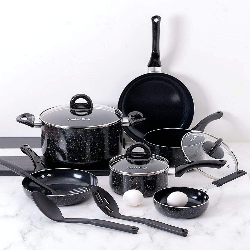 Fleischer & Wolf Nonstick Cookware Sets,Pots and Pans Sets,12 Pieces, Black, Aluminum, Nylon Slotted,Spoons,Dishwasher Safe