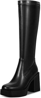wetkiss Platform Knee High Boots Women Chunky High Heel Black Boots for Women Gogo Boots with Side Zipper Stretchy Boot Not for Bigger Wide Calf