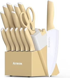 Astercook Kitchen Knife Set with Block and Sharpener 15 Piece Knives Set German High Carbon Stainless Steel Knives Sharp Blade Dishwasher Safe Deba Knives with Ergonomic Handle