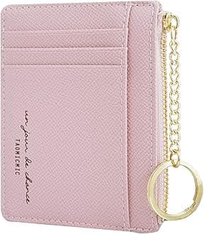 Women Slim Leather Card Case Holder Small Wallet Cute Coin Purse Girl Mini Wallet with Keychain (Pink)