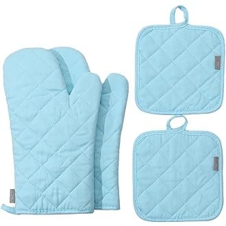 Oven Mitts and Pot Holders 4 pcs Set,High Heat Resistant 500 Degree Extra Thicken Long Kitchen Cotton Oven Glove for Cooking (12 Inch,Light Blue)