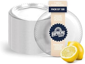 Clear Disposable Plastic Plates [Set of 120 | 7-inch Plates] Elegant Party Dinner Plates-Microwave Safe Plastic Dish Set- Sturdy Rimmed Plates For Weddings, Parties, Kitchen Use