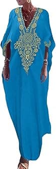 Bsubseach Gold Embroidery Long Kaftan Dresses V Neck Caftan Dress Beach Cover Ups for Women Embroidery