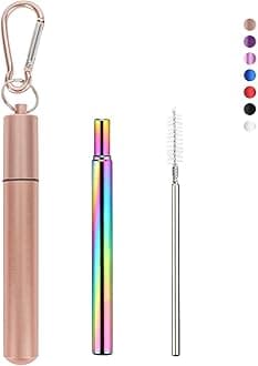 Foweroty 1 Pack Stainless Steel Straws, Reusable Straws, Travel Essentials，Metal Straws Reusable with 1 Aluminum Case, 1 Cleaning Brush, and 1 Keychains, Cruise Ship Essentials(Rose Gold)