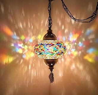 DEMMEX Turkish Moroccan Mosaic Swag Plug in Ceiling Hanging Light, Pendant Light Fixture with 4.5m Cord Chain & Plug, No Wiring Required - Plug into Wall Outlet, Multicolor