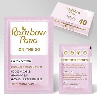 RainbowPana Feminine Wipes, 40 Count ON-THE-GO Individually Wrapped | Flushable Wipes, Travel Wipes for Women, Pre/Post-Intimacy Cleansing | Aloe, Portulaca, Vitamin E | pH Balanced, Biodegradable
