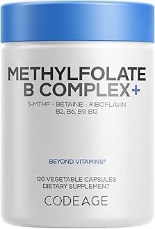Codeage Methylfolate B Complex Supplements - 5 MTHF, Methylcobalamin 1000mcg Methylated Vitamin B12, Riboflavin, Betaine, Vitamins B6, Methylation Cycle MTHFR - 2 Months - 120 Capsules