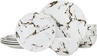 Euro Porcelain 12-Piece Marble Dinner Plates Set - 24K Gold Vintage Dining Service for 4 (Black)
