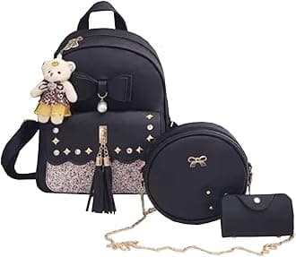 TYPIFY® 3 pieces fashion Pu Leather Women Backpack Korean Style Backpack Teddy Bear Keychain Women Girls College Backpack Bag. Gift for Her