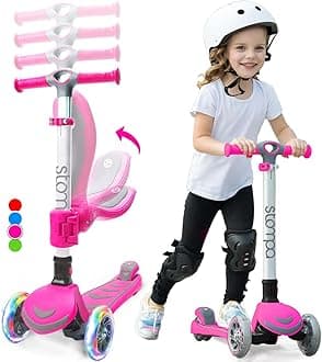 Stompa Kick Scooter for Kids 2-in-1 Light Up 3 Wheel Scooters with 4 Levels Adjustable Handlebar, Foldable Seat, Widen No-Slip Deck for Girls & Boys Ages 3-8 Years Old