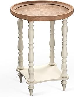 VONLUCE Farmhouse End Table, 48 cm Round French Country Side Table, Distressed Wood Tray Top Rustic Accent Table with Storage Shelf for Living Room Dining Room Bedroom, Small Space, Beige