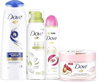Dove Intense Repair Hair, Coconut Shower Mousse, Pomegranate Body Scrub and Pomegranate & Lemon Verbena Deodorant Luxury 4 Pack Luxury Bundle