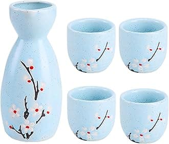 Melbify Japanese Ceramic Sake Serving Set | 1 Pot + 4 Cups| Pot(180 ml) & Cup(45 ml)| Tokkuri Carafe & Cups | Sake Glasses for Drinking | Gift Packing, Blue