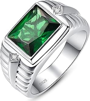 5.3ct Emerald Ring for Men - 8X10mm Rectangle Cut Green Stone With Paved White Cubic Zirconia - 925 Sterling Silver Wedding Engagement Band - 11mm Gemstone Ring Size 7